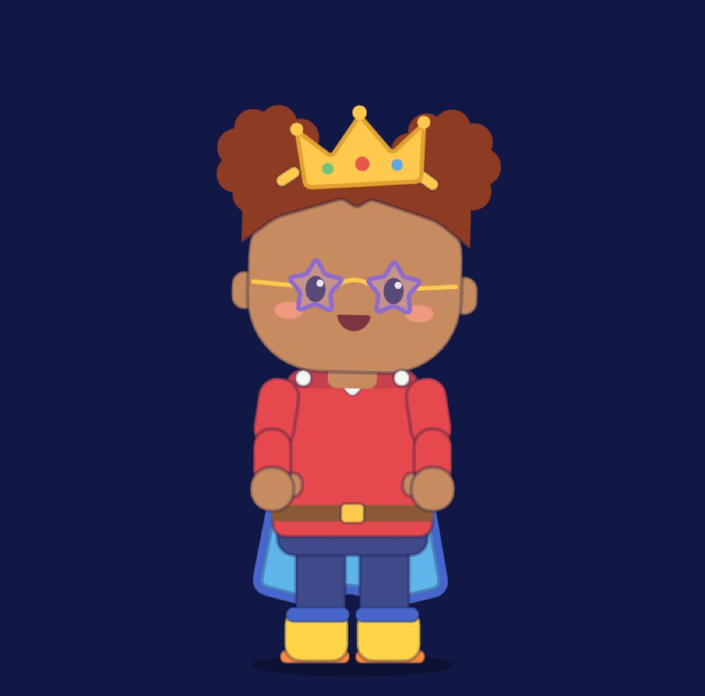 A child's hero in the app: afro puffs, star glasses, a gold crown, a red jumper and a sky-blue cape, standing on a night-blue stage.
